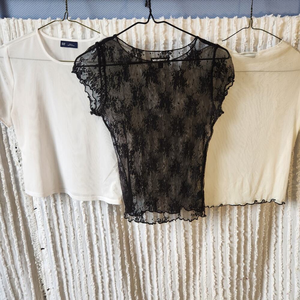 Y2K Sz Small Sheer Stretchy Top Bundle Of 3 Black White Lace Bratz 2000s Shirts
